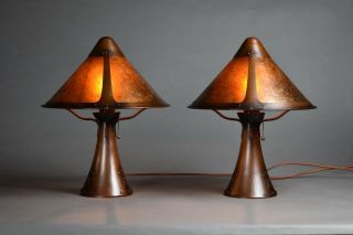 Dirk Van Erp / Stickley Design Luke Marshall Hammered Copper And Mica Lamps