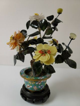 Vintage Chinese Jade Tree With Cloisonne Enamel Pot