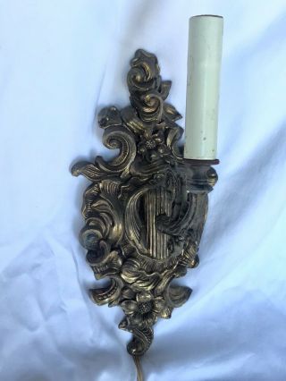 Vintage Electric Wall Sconce Light Brass Ornate 1 Arm Regency Switched Cord