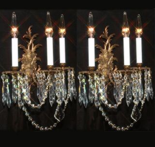 2 Vintage Brass Bronze Crystal Wall Sconces Rococo French Spanish Hollywood Rege