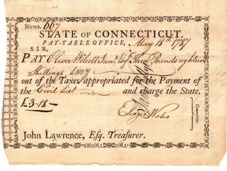 1787,  Oliver Wolcott,  Double Signed Pay Order,  Colonel Samuel Wyllys