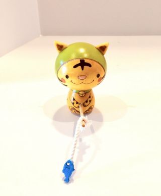 Japanese Wood Kokeshi Doll By Usaburo No Mago Kiiroi Neko - Yellow Fishing Cat
