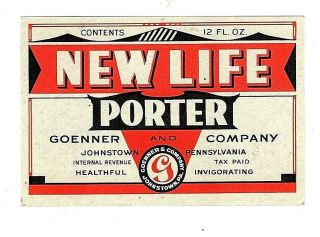 12oz Irtp Life Porter Bottle Label By Goenner & Co Johnstown Pa