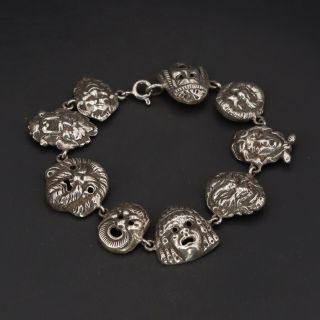 Vtg Sterling Silver - Roman Theatre Mask Faces Link 7 " Bracelet - 30g