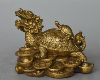 China Fengshui Brass Wealth Yuanbao Coin Longevity Dragon Turtle Tortoise Statue