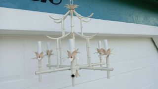 Vintage Mid Century White Pagoda 6 Arm Faux Bamboo Chandelier