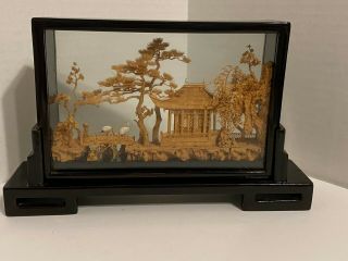 Vintage Oriental Carved Cork Diorama In Glass Case Cranes Pagoda Chinese Art