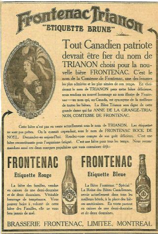 1915 Frontenac Brown,  Red & Bleu Beer Ad In French