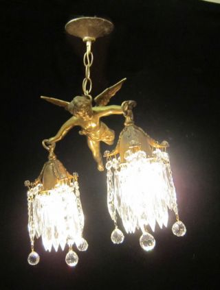 RESERVED Flying Cherub Bronze Vintage Chandelier French Lamp Brass canopy 2