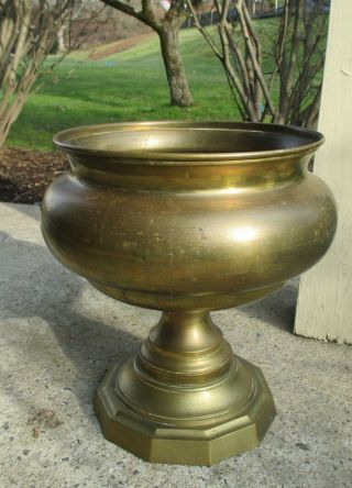 Large Vintage Solid Brass 15 1/2” Pedestal Planter Urn Jardiniere Pot