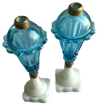 Pair Blue “tulip” Pattern Sandwich Glass Whale Oil Lamps Milk Glass Base 12 1/2”