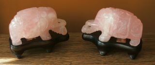 Vintage Chinese Hand Carved Rose Quartz Elephant Figurines On Custom Wood Stands