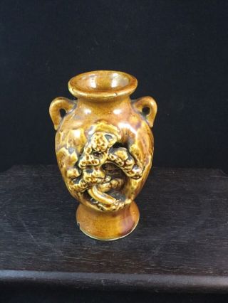 Hand Carved Banko Ware Japanese Temple Mid 3d Image Vase Deep Relief