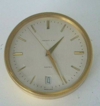 Vintage Mid Century Brass Tiffany Electric Clock Calendar Swiss Made Cordless
