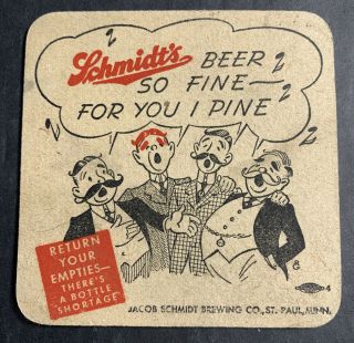 Wwii Schmidt’s Beer Coaster St Paul Minnesota Barber Shop Quartet 1940s 2 Sided