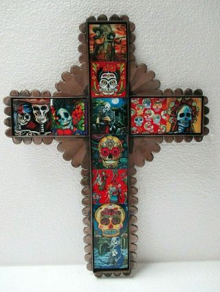 Mexican Folk Art Punched Tin Wall Cross Day Of The Dead Catrina Wood Tile 15 "