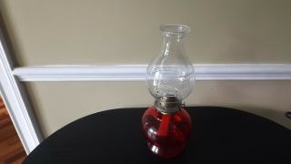 Antique Vintage Ruby Red Oil Lamp With Glass Chimney " Home Sweet Home "