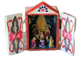 Vintage South American Folk Art Nativity Composition Diorama Shadow Box Jesus