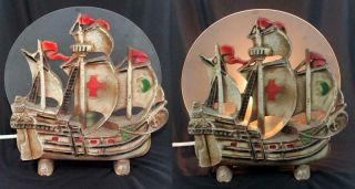 Vintage Pirate Ship Sail Boat Cast Iron Tv Lamp W/ Frosted Glass Light Diffuser