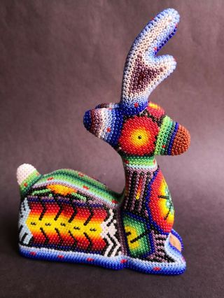 Mexican Huichol Deer Animal Figure Wood Sculpture Native Ethnic Folk Art Craft