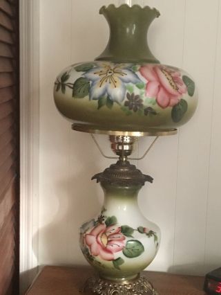 Large 3 - Way Gwtw Hurricane Parlor Lamp Hand Painted Wiring Cond