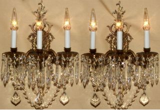 2 Vintage Brass Bronze Crystal Prism Lamp Sconces Rococo French Lighting Spain