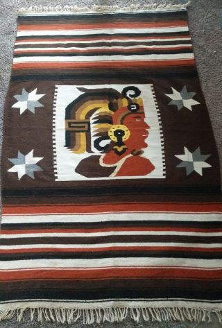 Vintage Wool Blanket Rug Mexican Mayan Aztec Inca Warrior Wall Art Textile 84x52
