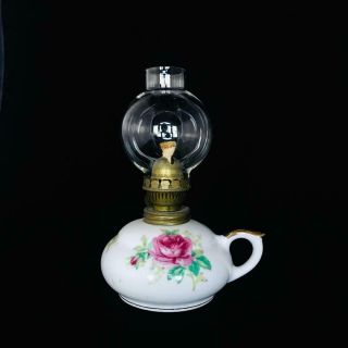 Vintage Hand Painted Roses On White Ceramic & Glass Oil Lamp/lantern - Estate Item