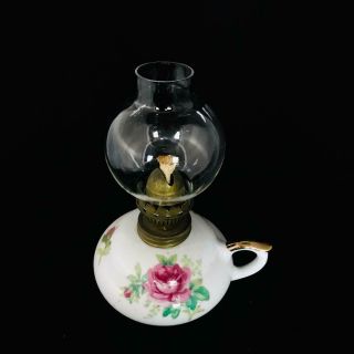 Vintage Hand Painted Roses on White Ceramic & Glass Oil Lamp/Lantern - Estate Item 2