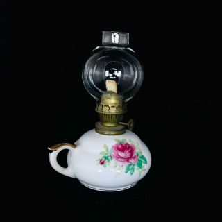 Vintage Hand Painted Roses on White Ceramic & Glass Oil Lamp/Lantern - Estate Item 3