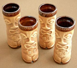 Vintage Hawaiian Barware Tiki Ceramic 4x Tumblers Glasses Paul Marshall Pmp
