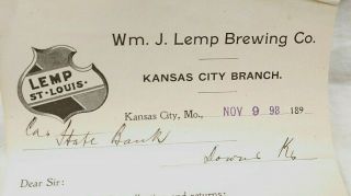 1898 Kansas City Missouri Wm J.  Lemp Brewing Co.  Downs Kansas Billhead