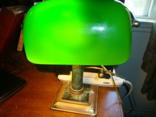 Vintage Green Glass Shade Bankers Desk Lamp/marble And Brass Base