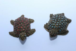 Vintage Beaded Turtle Figurine Tibetan Nepalese Brass Turquoise Coral Set Of 2