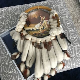 Vintage Native American Indian Large Dream Catcher Fur Wool Feathers