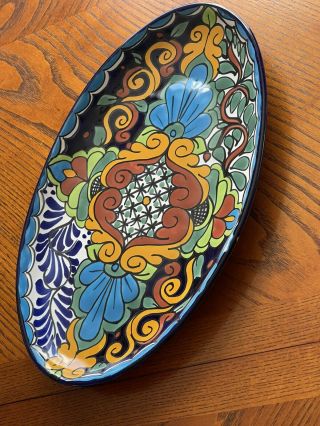 Mexican Talavera Pottery Platter Plate Large Oval Serving Dish Folk Art 15” Blue 2