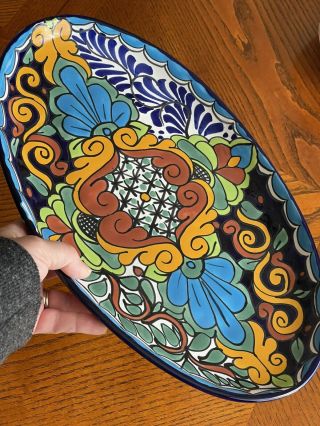 Mexican Talavera Pottery Platter Plate Large Oval Serving Dish Folk Art 15” Blue 3