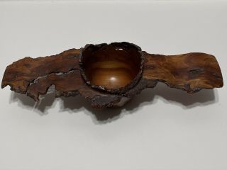 Vintage Winged Cherry Burl Wood Turned Bowl Live Edge Hand Crafted And Signed