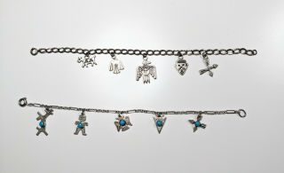 Two Vintage Native American Style Charm Bracelets,  Sterling Silver And Turquoise