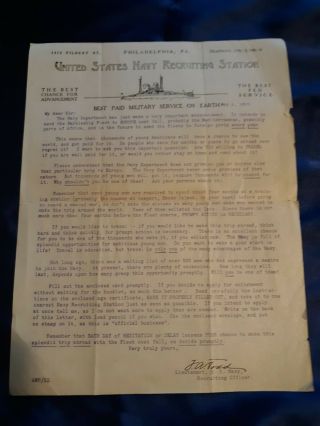 1910 United States Navy Recruiting Station Letter Philadelphia,  Pa.