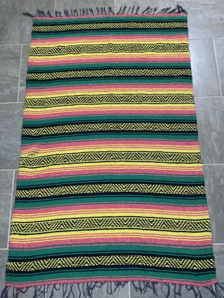 Vintage Mexican Woven Wool Serape Saltillo Blanket Throw Fringe 72” X 48”” Green