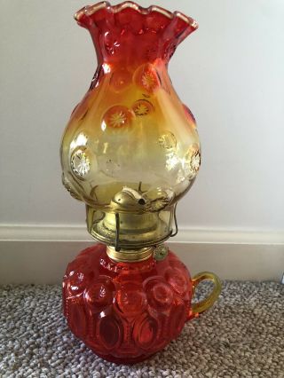 Moon And Stars Pattern Glass Le Smith Oil Lamp Amberina Finger Hole Loop