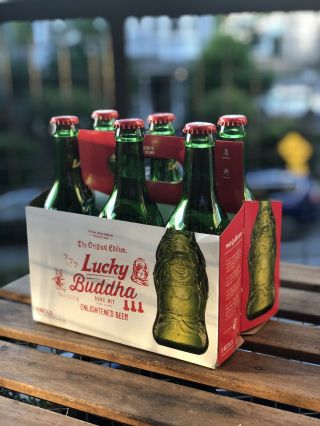 6 Pack Of Lucky Buddha Beer Bottles (empty) With Caps And Carrier