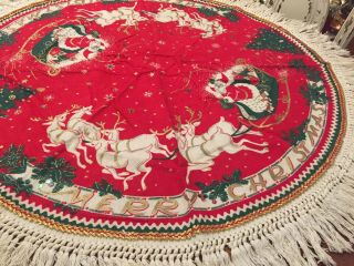 Vintage Cloth Merry Christmas Round Tree Skirt Tablecloth Santa.  Sequins,  Fringe
