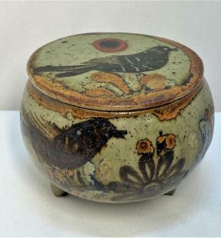 Vintage Mexican Hand Painted Folk Art Pottery Footed Trinket Box With Lid Birds