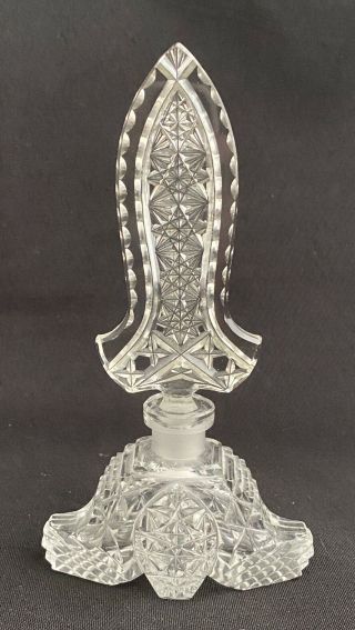 Vintage Bohemian Czech Art Deco Crystal Clear Cut Glass Perfume Bottle