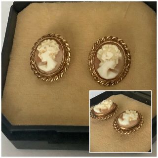 Vintage Art Deco Jewellery 9ct Gold Cameo Shell Stud Earrings Boxed