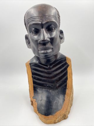 Vintage African Male Maasai Tribal Hand Carved Ebony Statue Bust Live Edge