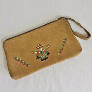 Vintage Native American Leather Beaded Zipper Bag Pouch Wristlet