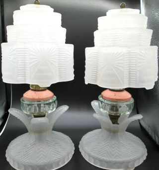 Antique Art Deco Frosted Satin Glass Skyscraper Nightstand Table Lamps Set Of 2
